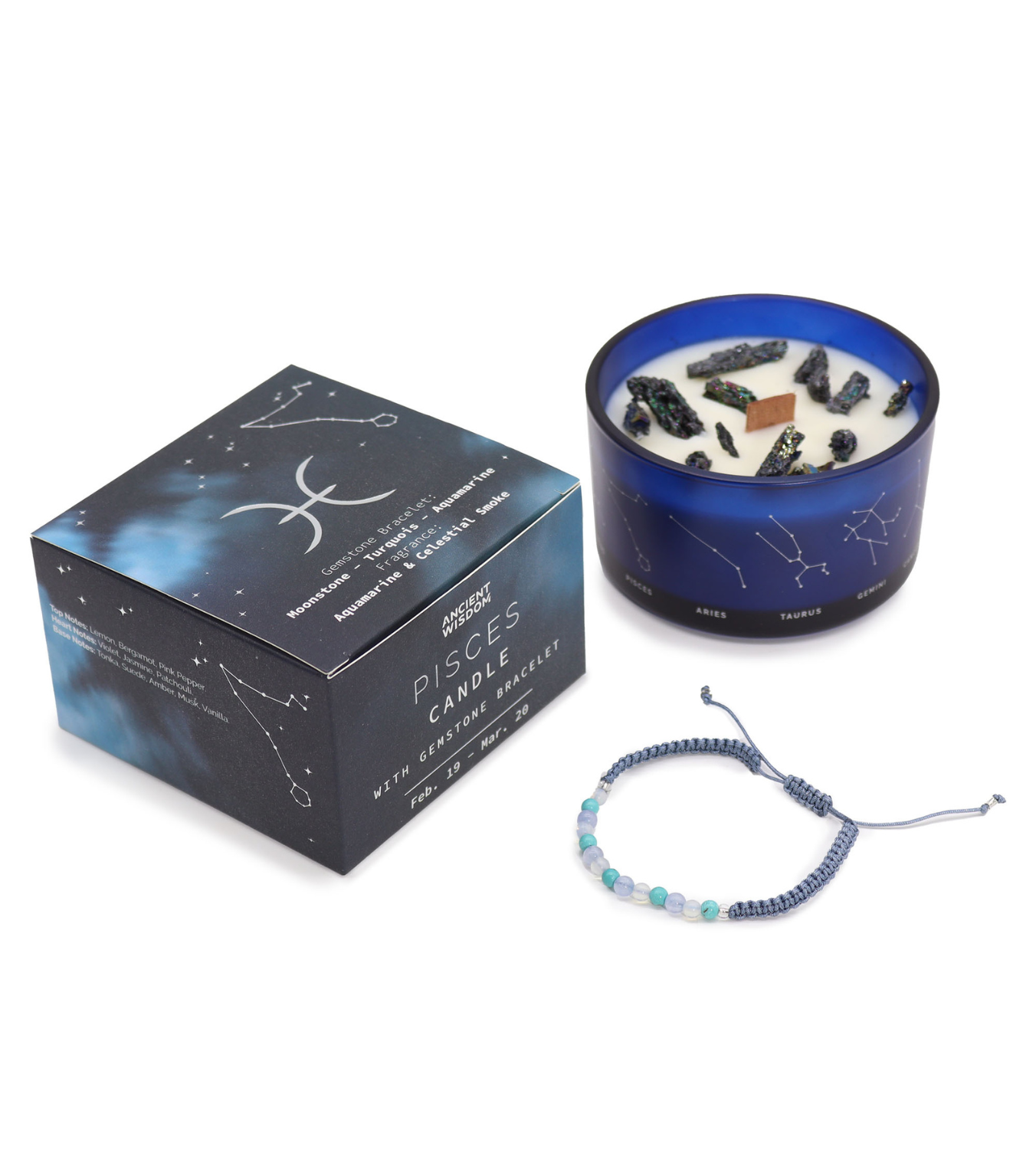 Ancient Wisdom Svíčka Znamení Zvěrokruhu s Náramkem z Drahých Kamenů - Ryby 320g