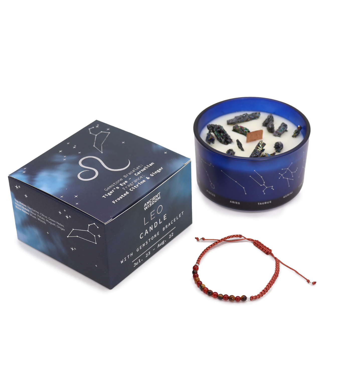 Ancient Wisdom Svíčka Znamení Zvěrokruhu s Náramkem z Drahých Kamenů - Lev 320g
