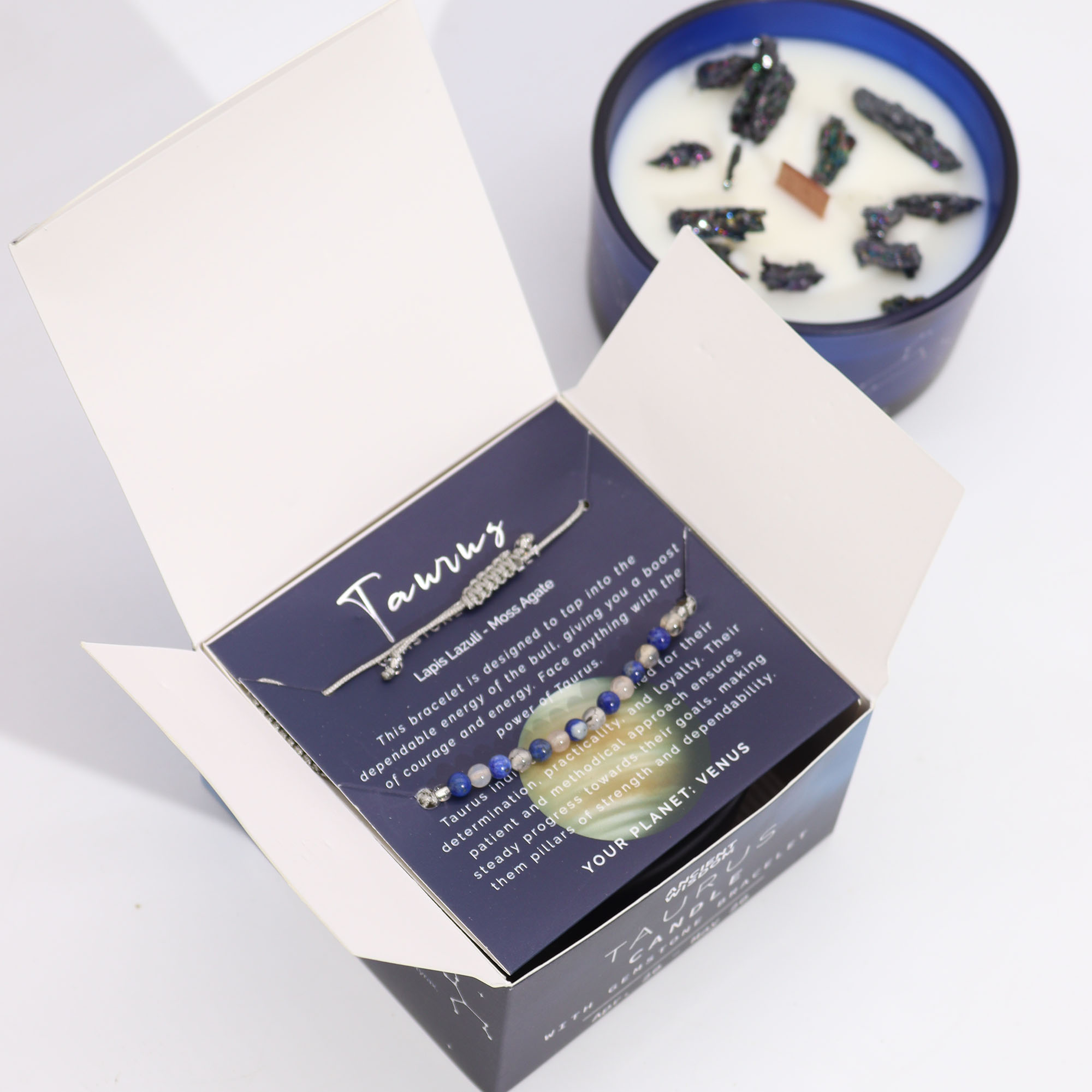 Ancient Wisdom Svíčka Znamení Zvěrokruhu s Náramkem z Drahých Kamenů - Býk 320g